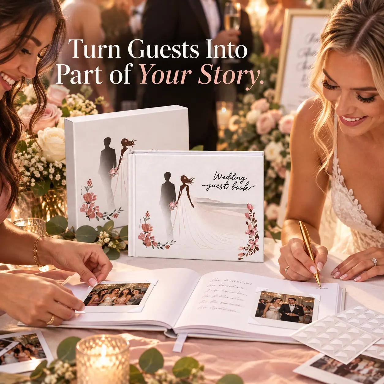 Novia e invitada completando juntas el libro de recuerdos