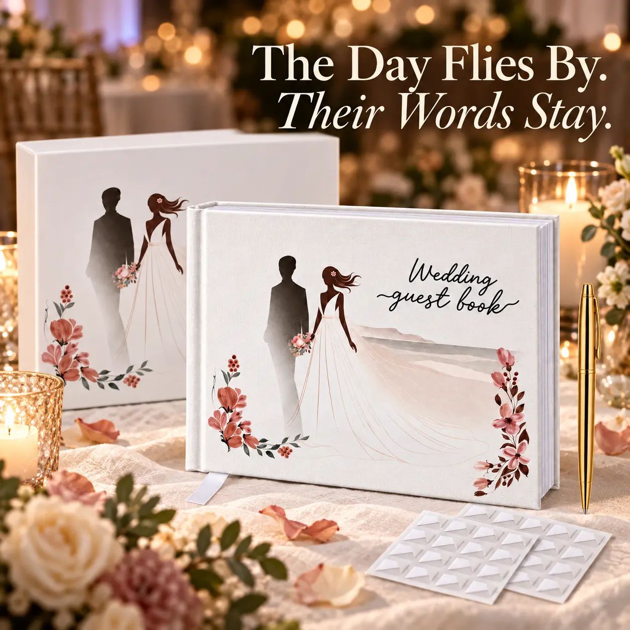 Libro de invitados y caja en una celebración iluminada por velas
