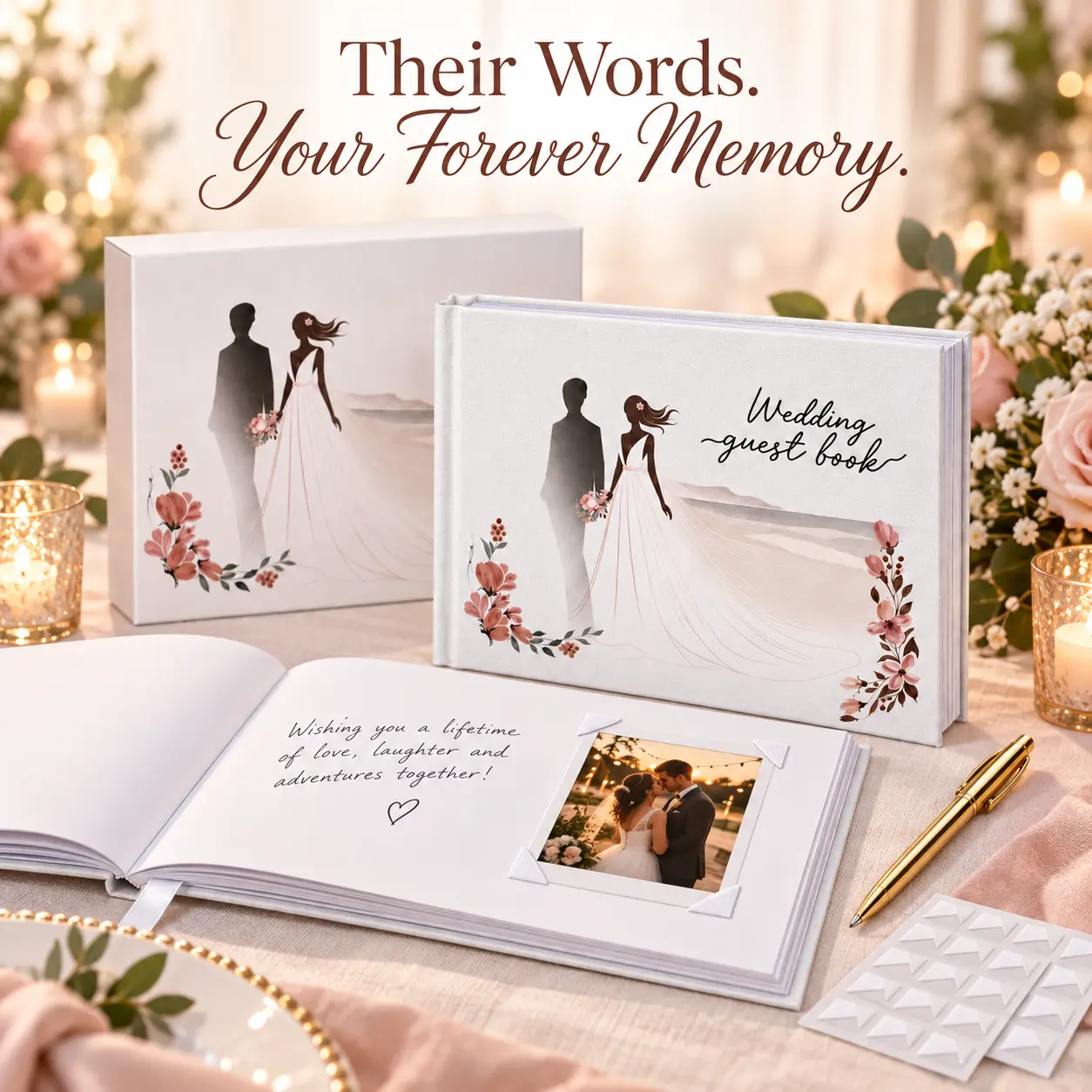 Libro de invitados abierto con mensaje y fotografía de boda