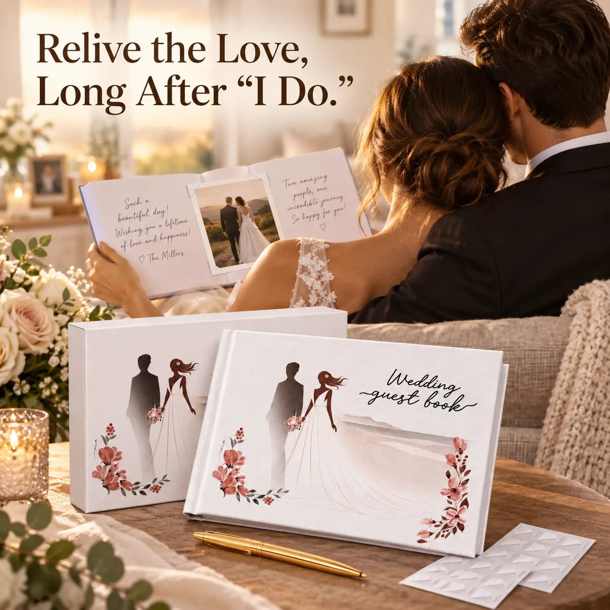 Pareja leyendo su libro de recuerdos después de la boda