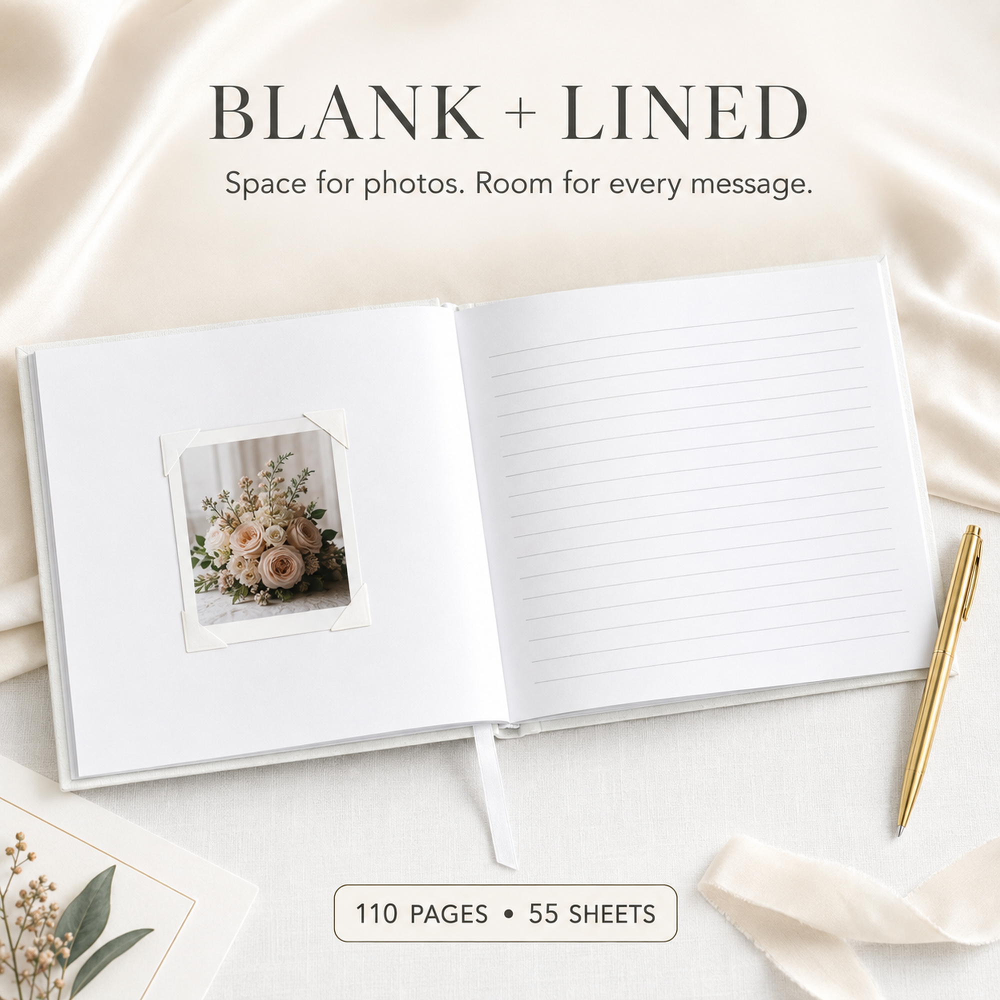 Libro abierto con página blanca para fotografía y página derecha rayada